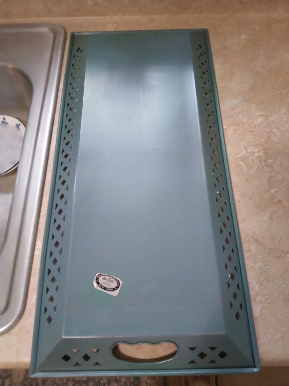 1950's Nashco Metal Hand-Painted Tole Floral Serving Tray - Teal Green